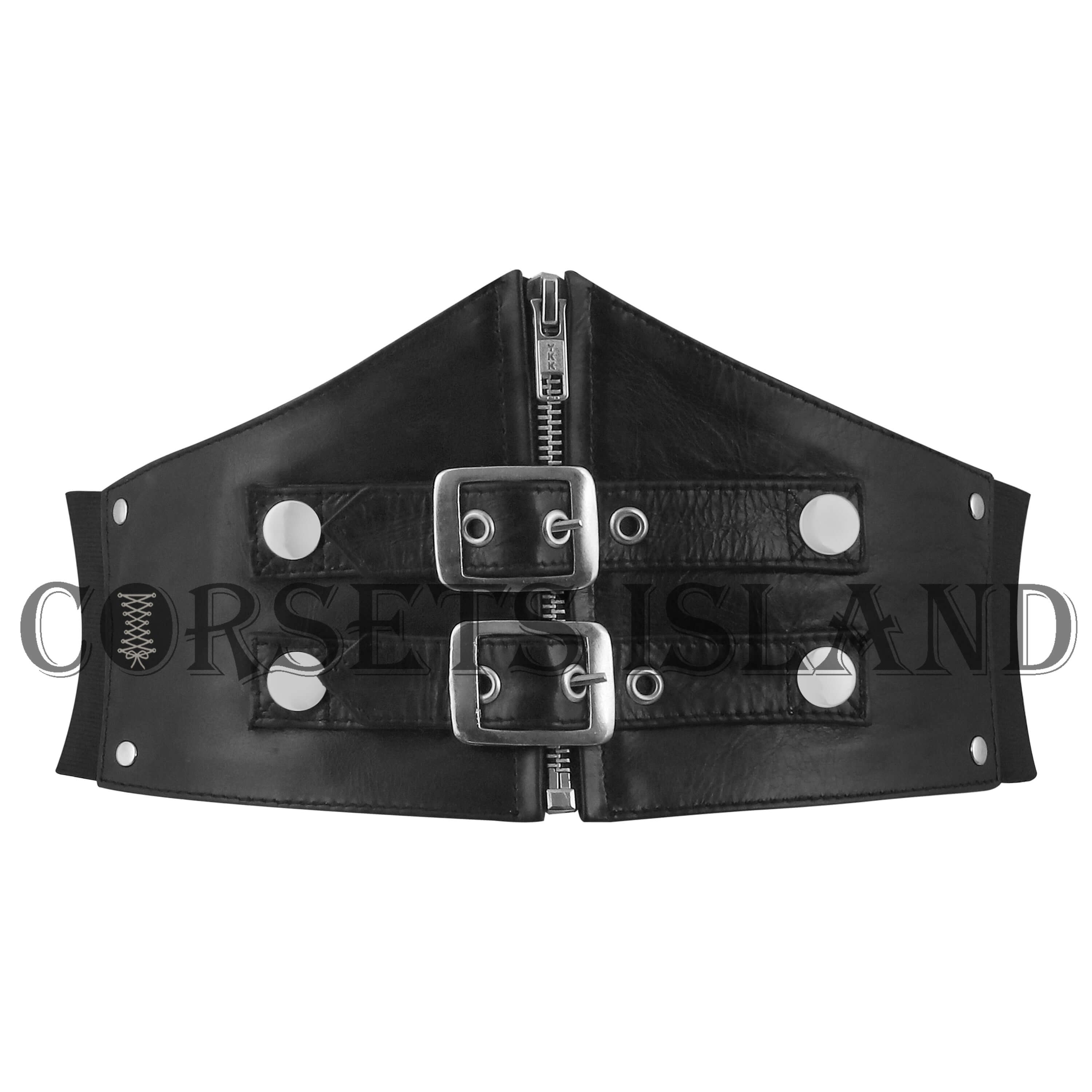 Black leather corset belt with silver bullet shaped hooks Wide Black Leather Corset Belt: Silver Buckle, Vintage  main image 3