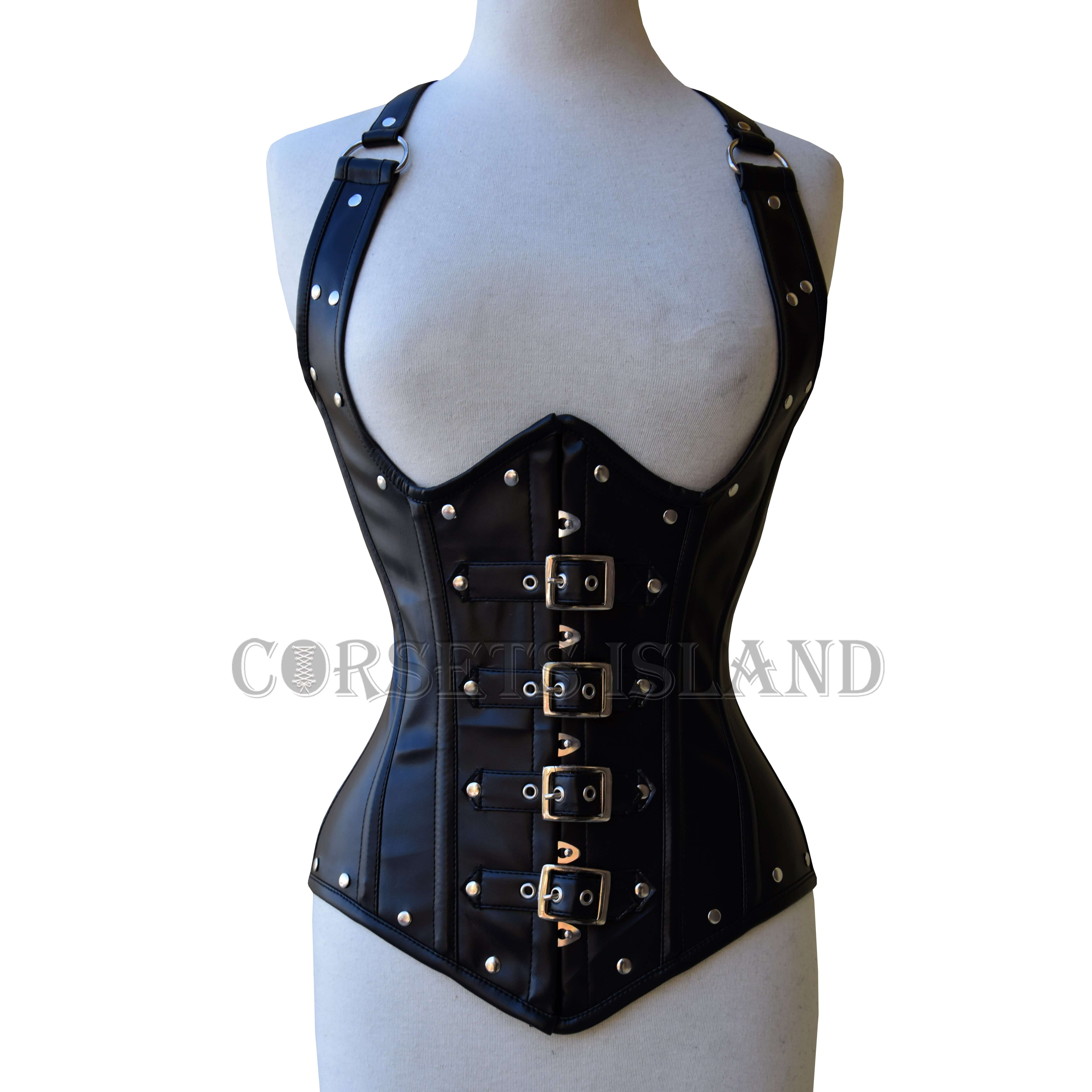 Black Leather Steampunk Corset | Bold Buckles & Silver Studs