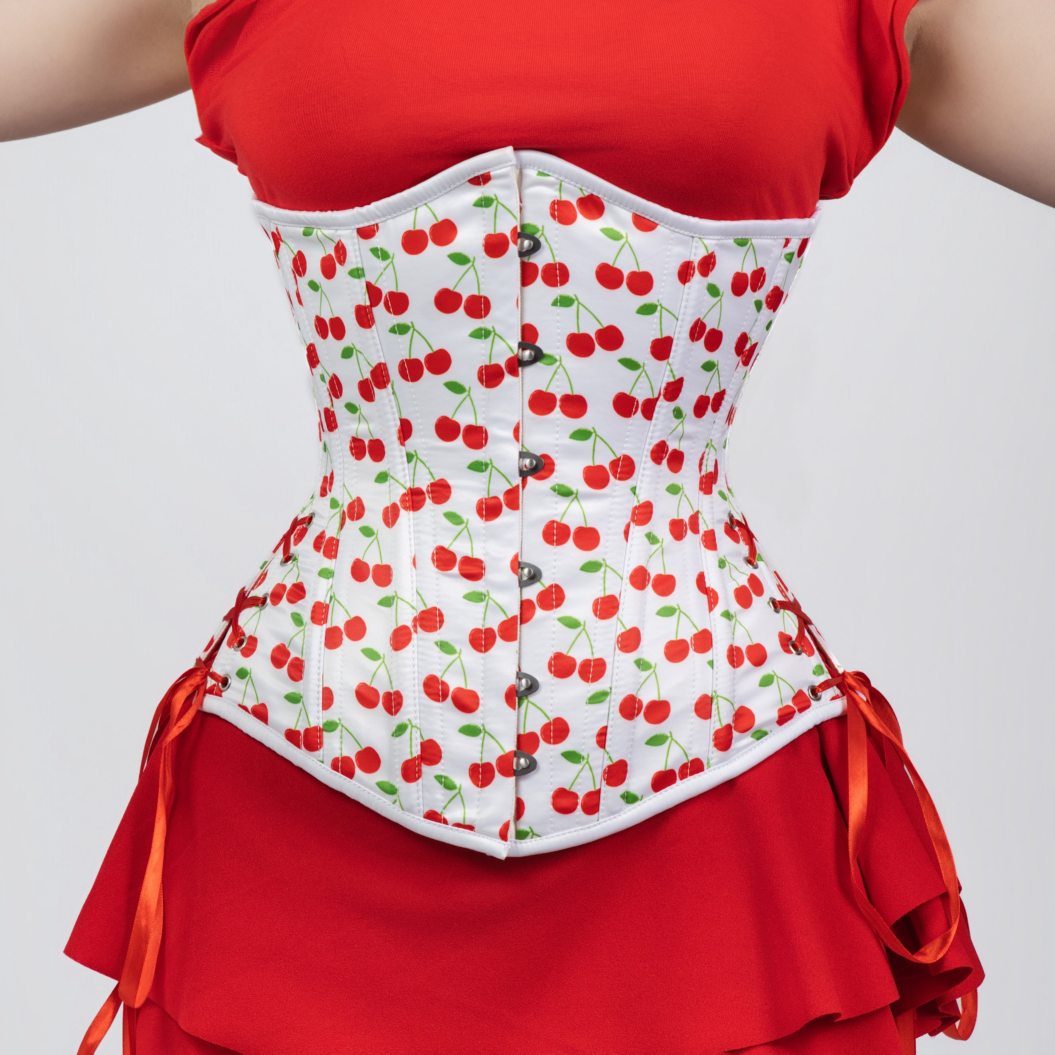 Susan - White Red Cherry Print Pin Up Corset with Adjustable Side Laci