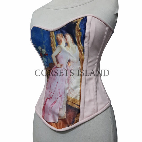 Corset with artistic design on a mannequin against a white background