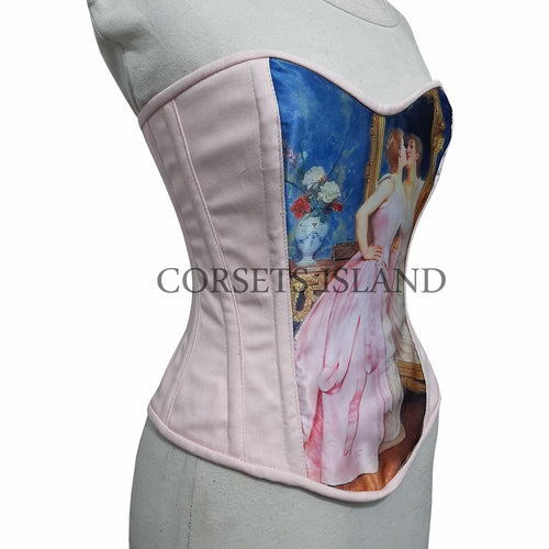 Corset with artistic design on a mannequin against a white background