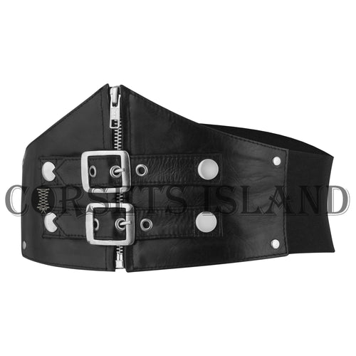 Black Leather Corset Belt with Silver Buckles – Waist Cincher Style