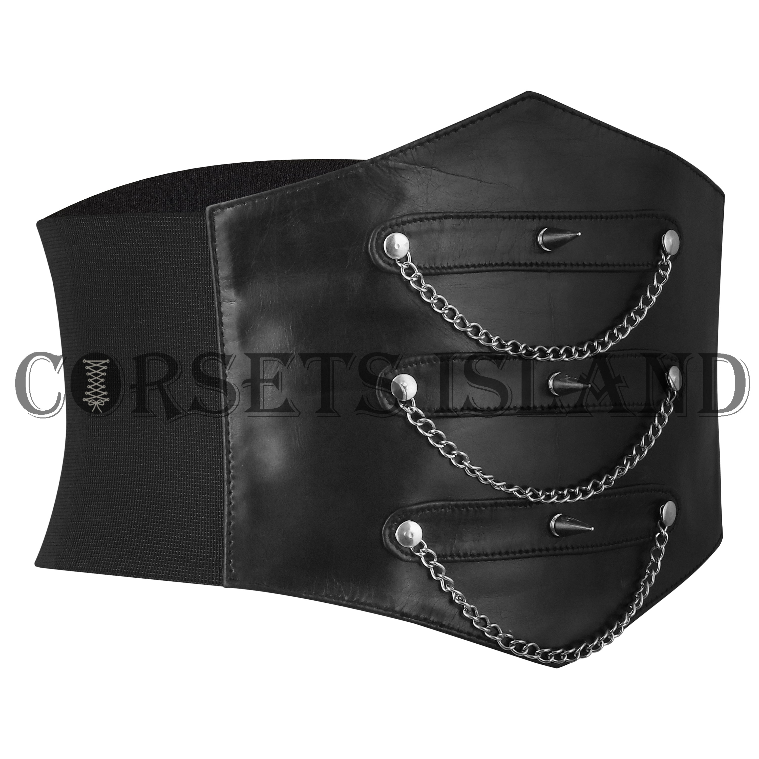 Black Leather Gothic Corset Belt with Chains for Women - Plus Size
