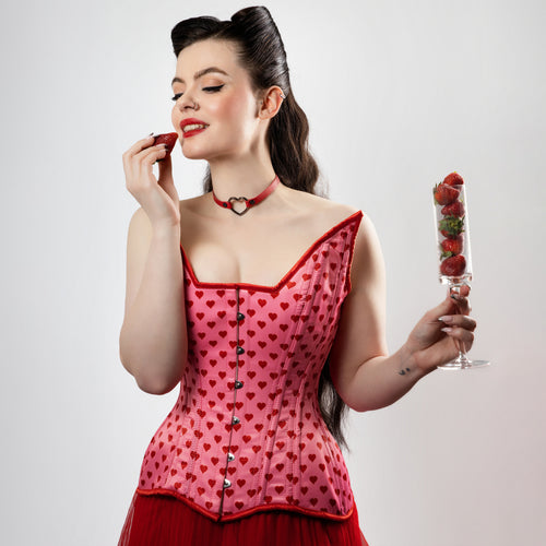 Quinn - Lestat shape - Double Steel Boned Pink Red Heart Pin-up Corset