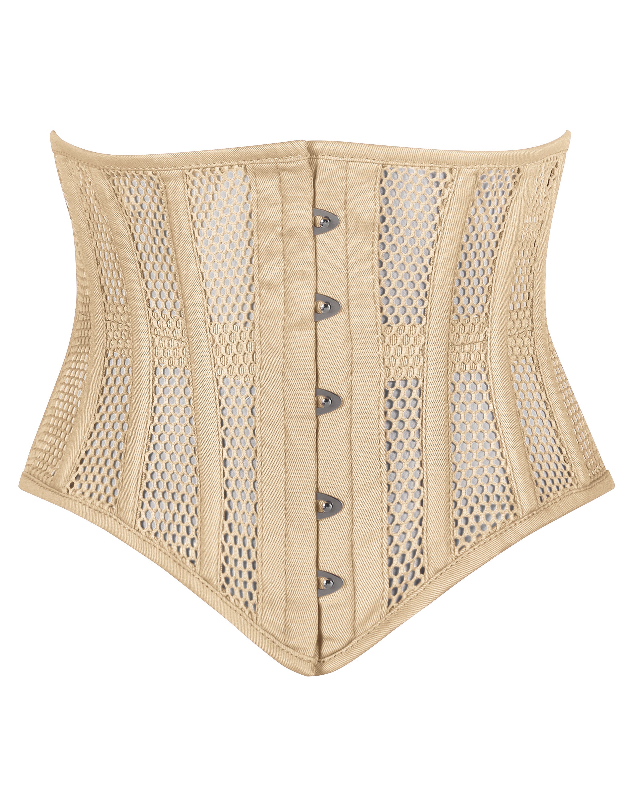 alice beige mesh underbust waspie corset front view hook and eye closure corsets island