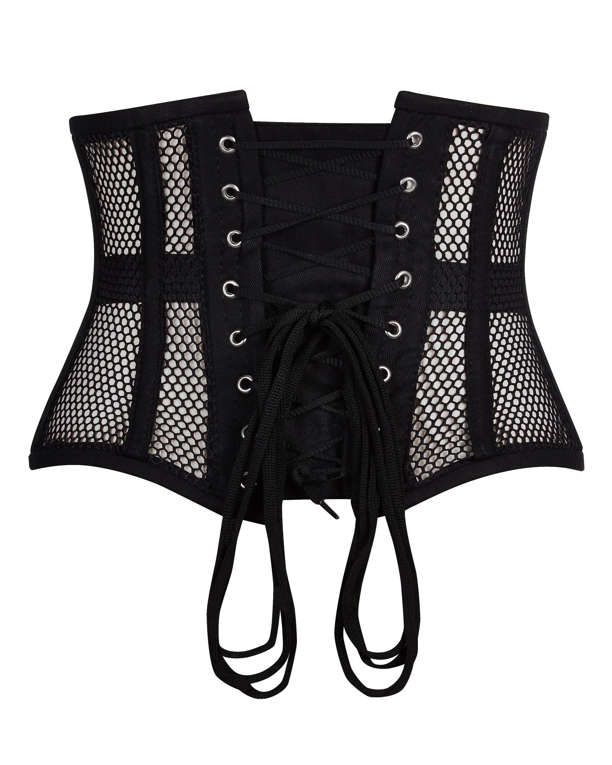 alice black mesh underbust corset back view lacing silver eyelets waspie cut corsets island