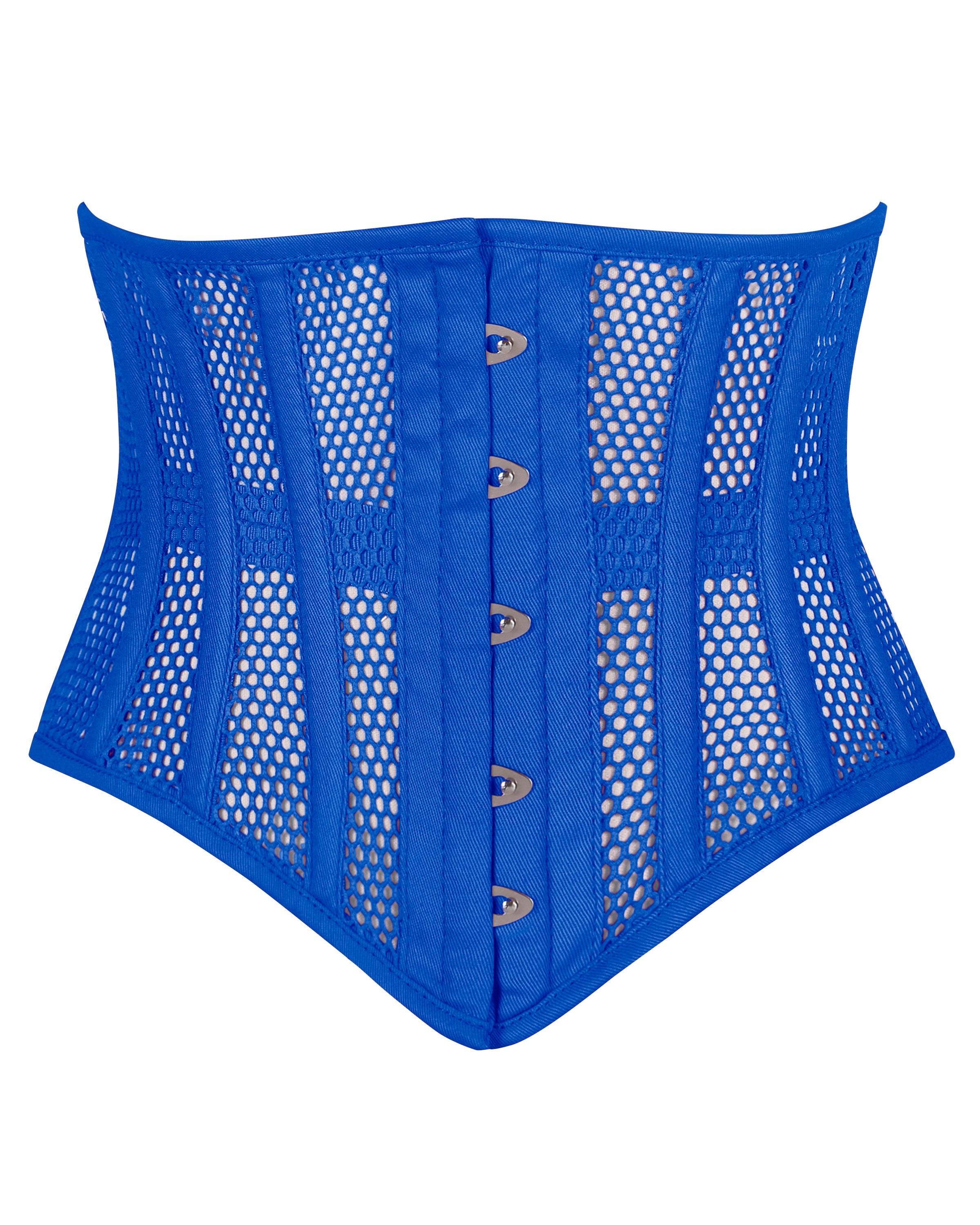 alice blue mesh underbust waspie corset front view hook and eye closure corsets island