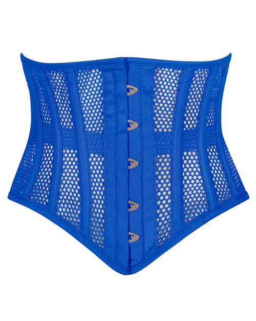 alice blue mesh underbust waspie corset front view hook and eye closure corsets island
