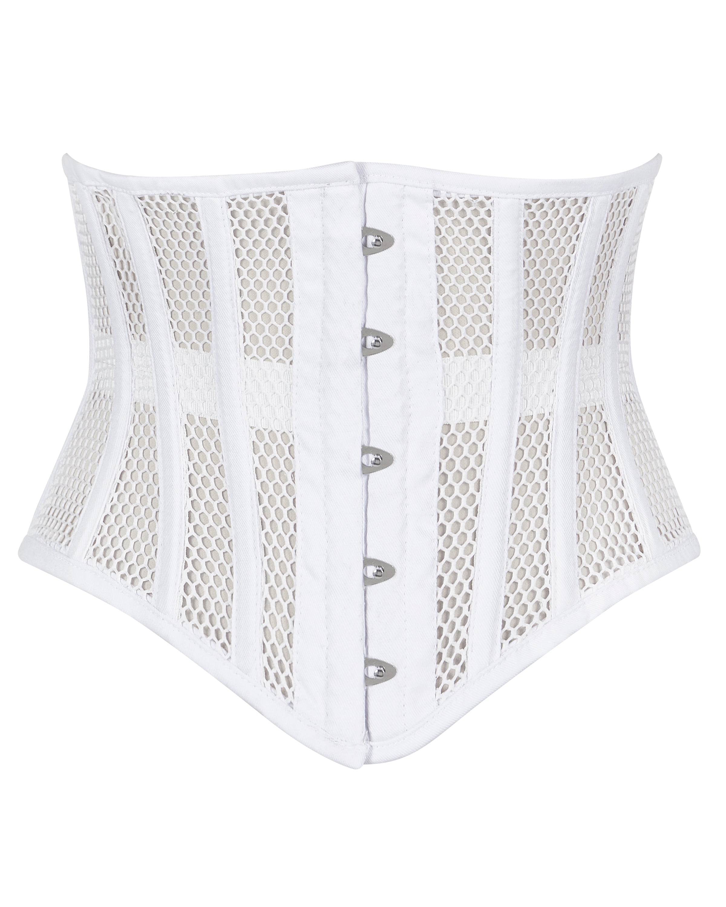 alice white mesh underbust waspie corset front view hook and eye closure corsets island