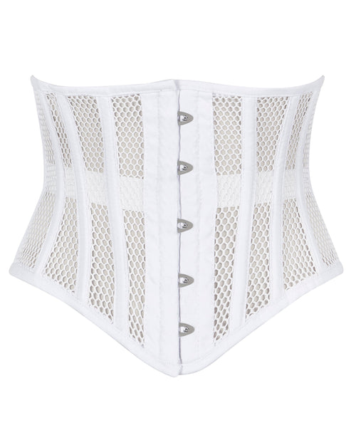 alice white mesh underbust waspie corset front view hook and eye closure corsets island