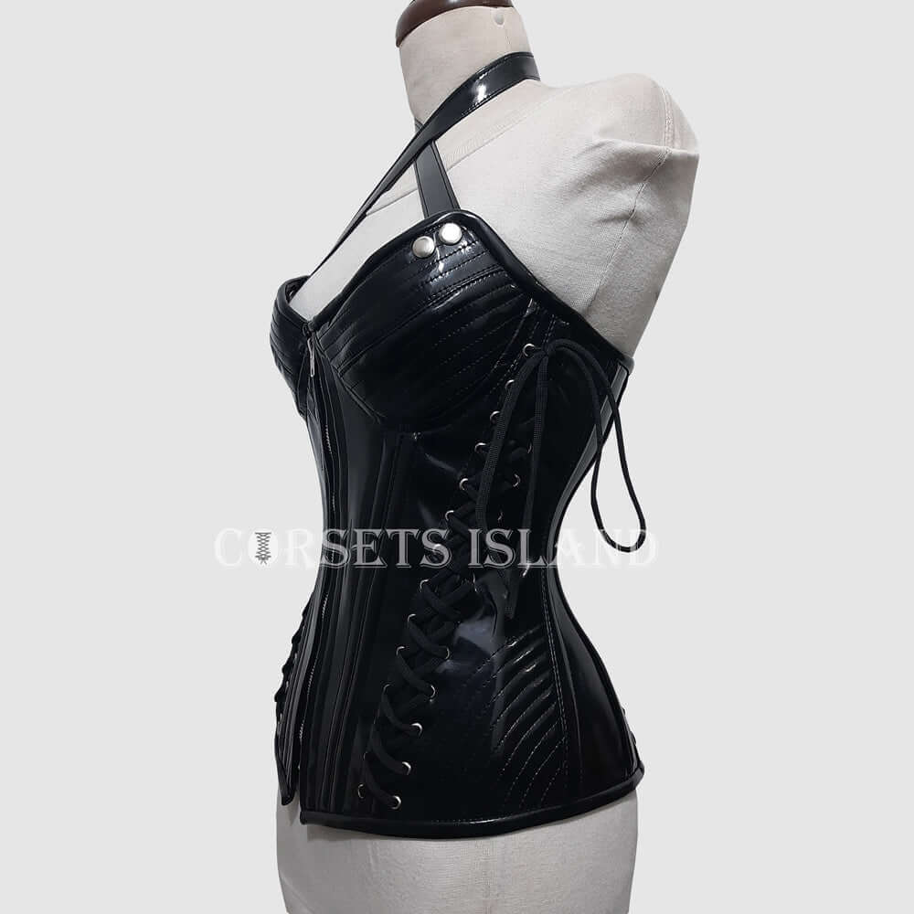 Black PVC Steel Boned Overbust Corset with Dual Side Lacing