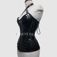 Black PVC Steel Boned Overbust Corset with Dual Side Lacing