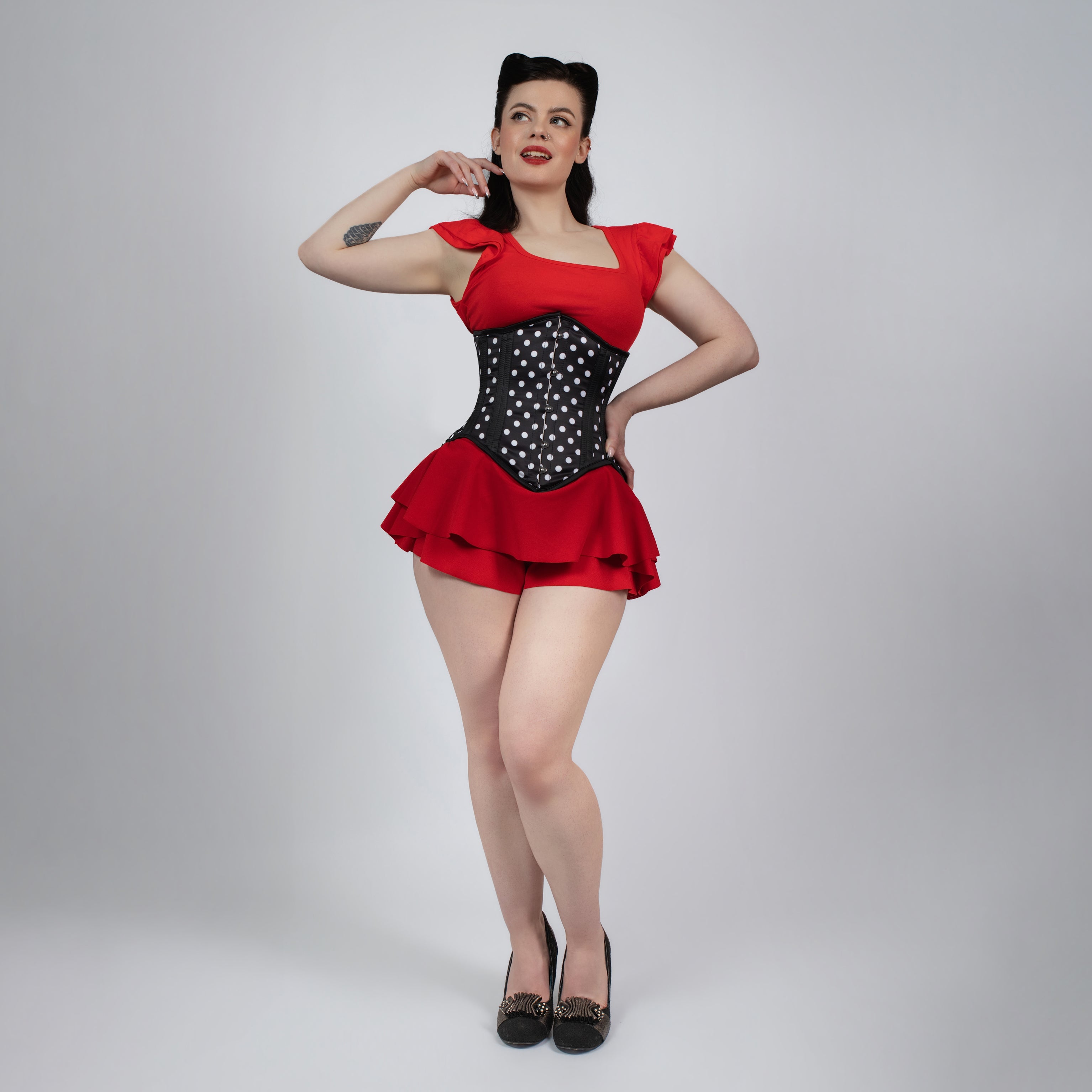 Mina - Black White Polka Dot Pin Up Underbust Waist Training Corset