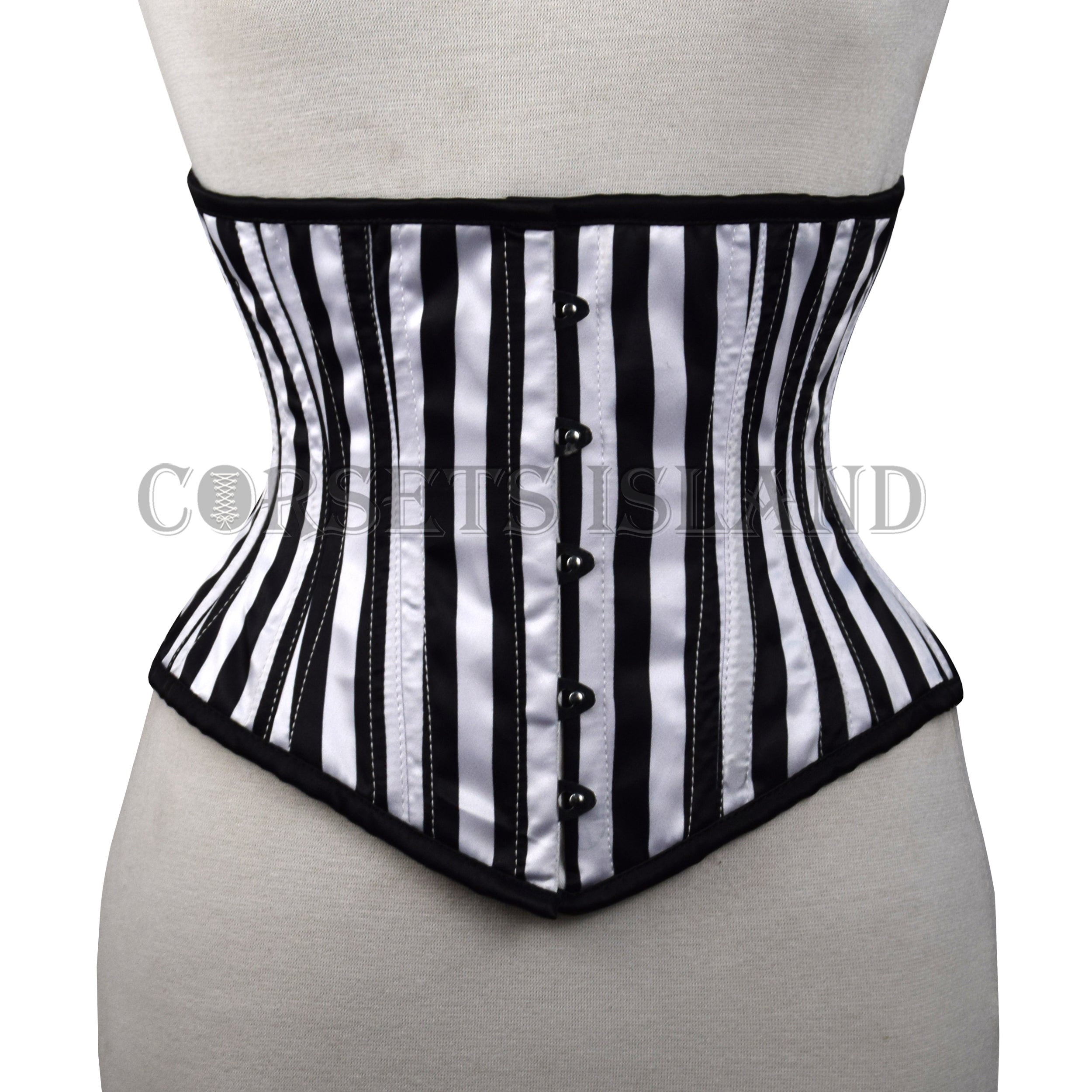 Alice – Black and White Striped Satin Steel Boned Waspie Corset
