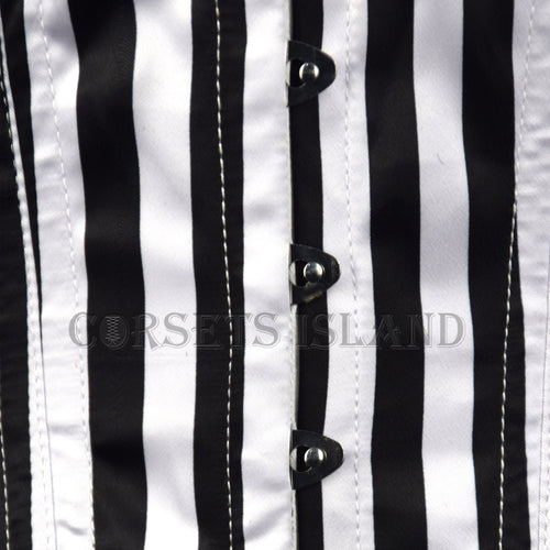 black and white striped waspie corset hook and eye closure - corsets island