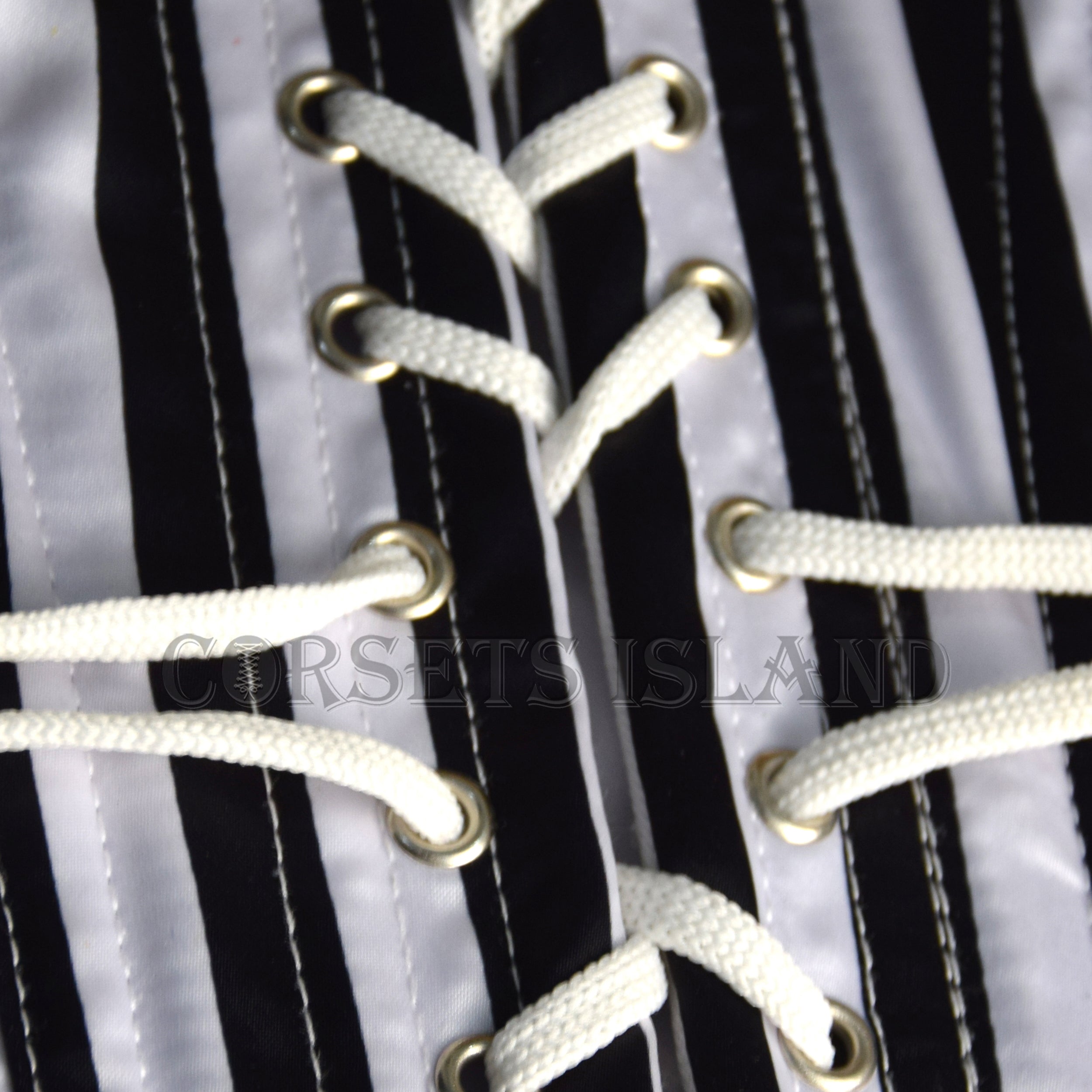 Alice – Black and White Striped Satin Steel Boned Waspie Corset