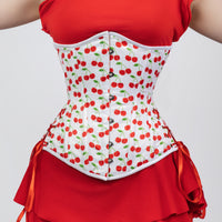 Susan - White Red Cherry Print Pin Up Corset with Adjustable Side Lacing