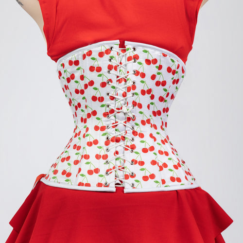 Susan - White Red Cherry Print Pin Up Corset with Adjustable Side Lacing