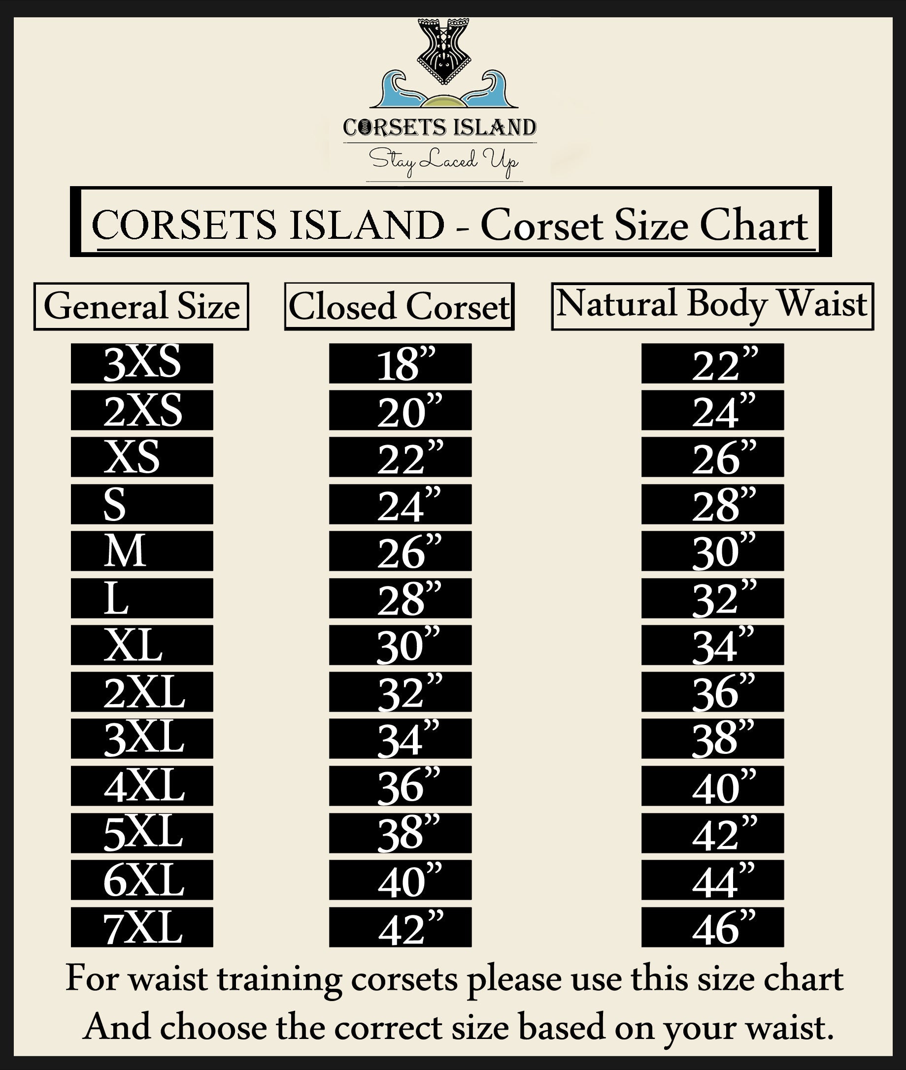 corsets island size chart 3xs to 7xl closed corset and natural waist measurements corsets island