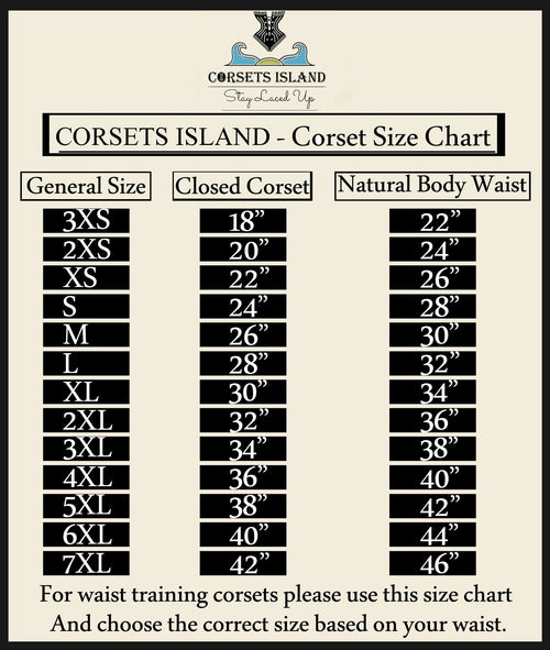 corsets island size chart 3xs to 7xl closed corset and natural waist measurements corsets island