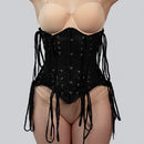 Black cotton steel boned underbust corset front view showing hook and eye closure and adjustable side lacing panels -- Daphne by Corsets Island