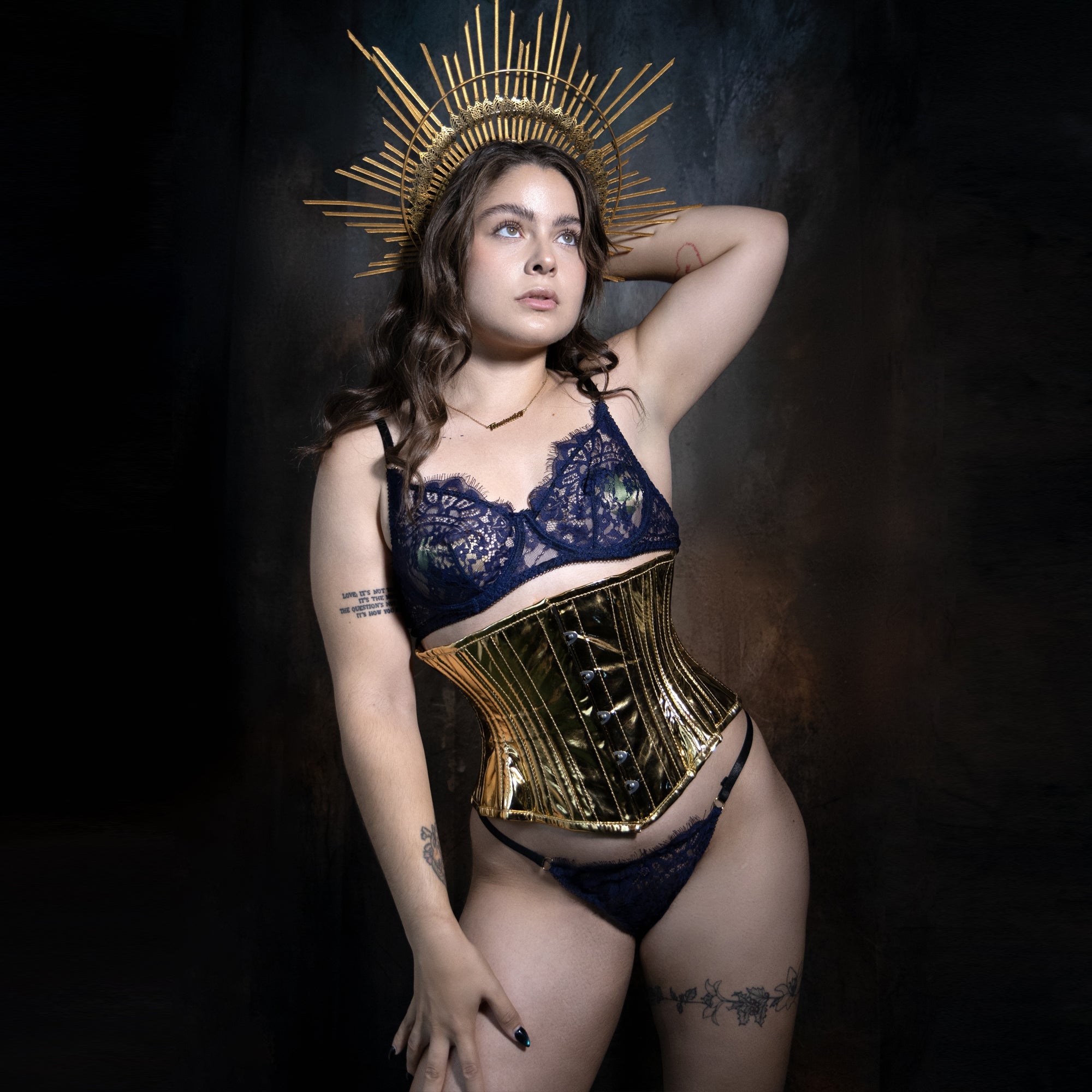 gold underbust corset styled shoot standing pose - corsets island