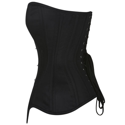 jessica black cotton overbust corset side view lace up back pointed hem corsets island