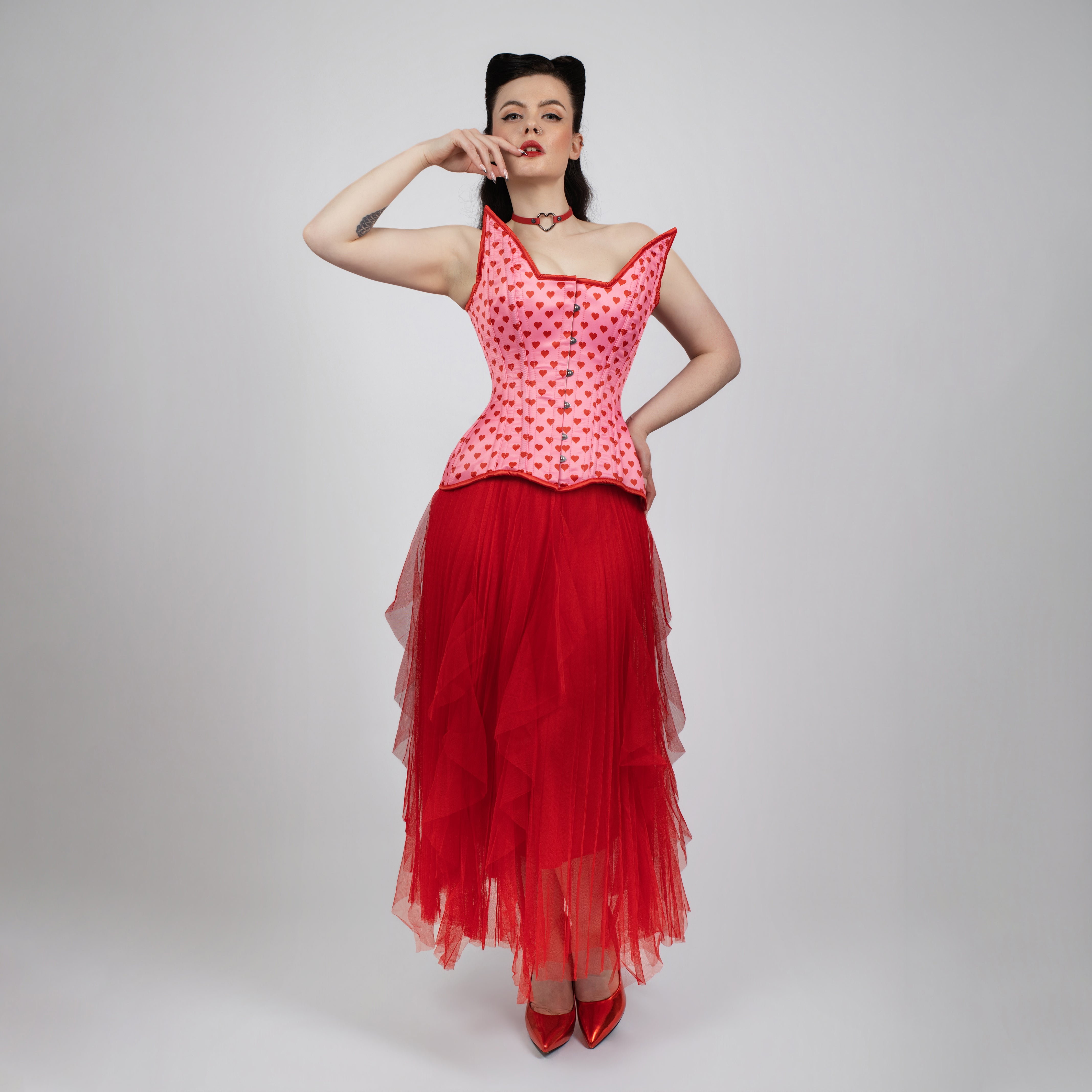 Quinn - Lestat shape - Double Steel Boned Pink Red Heart Pin-up Corset