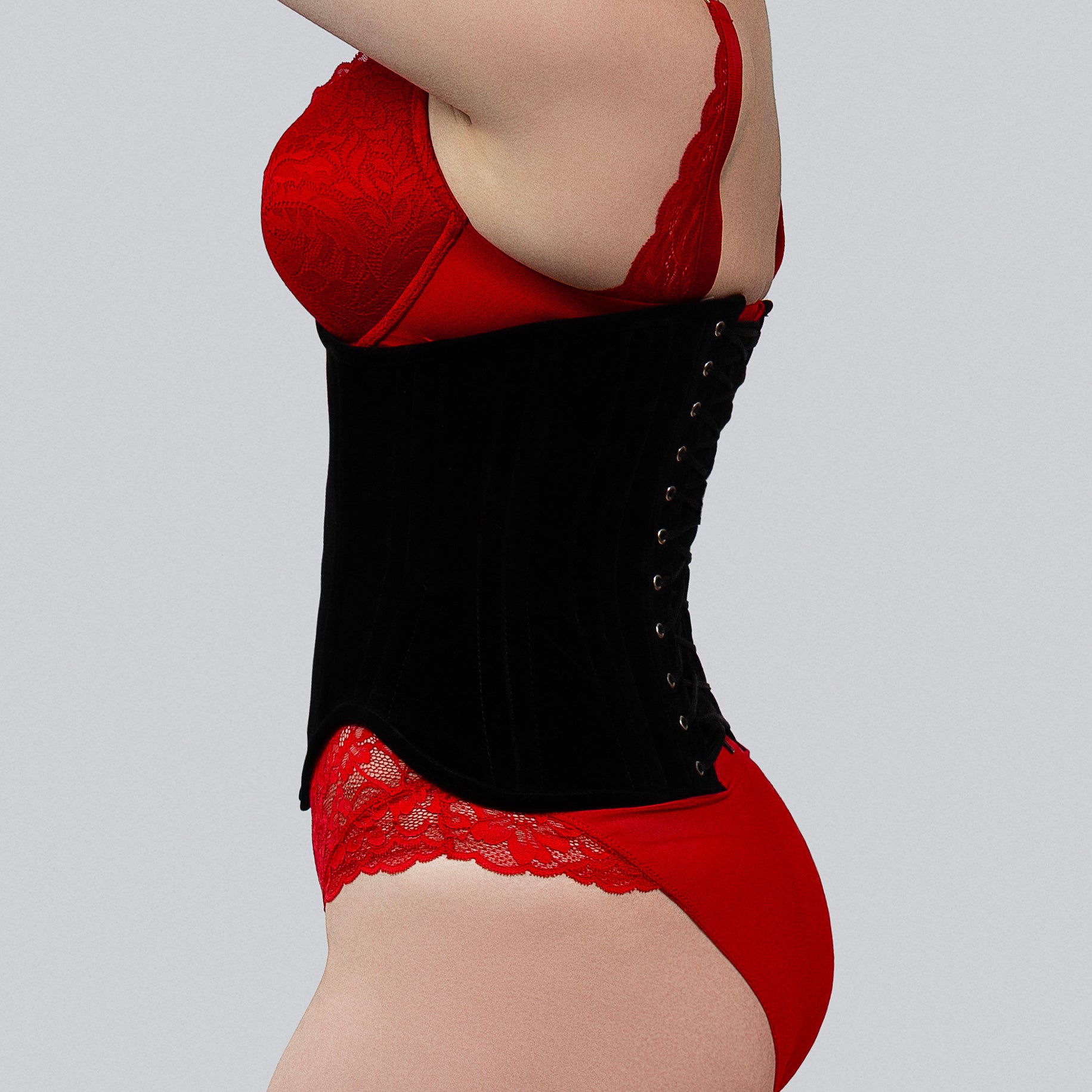 mina black velvet underbust corset side view lace-up back bone channels corsets island