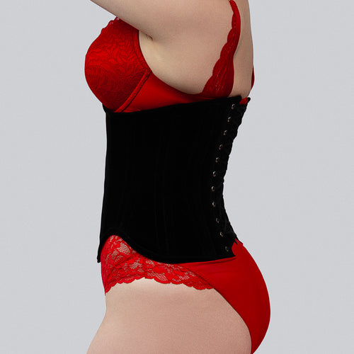 mina black velvet underbust corset side view lace-up back bone channels corsets island