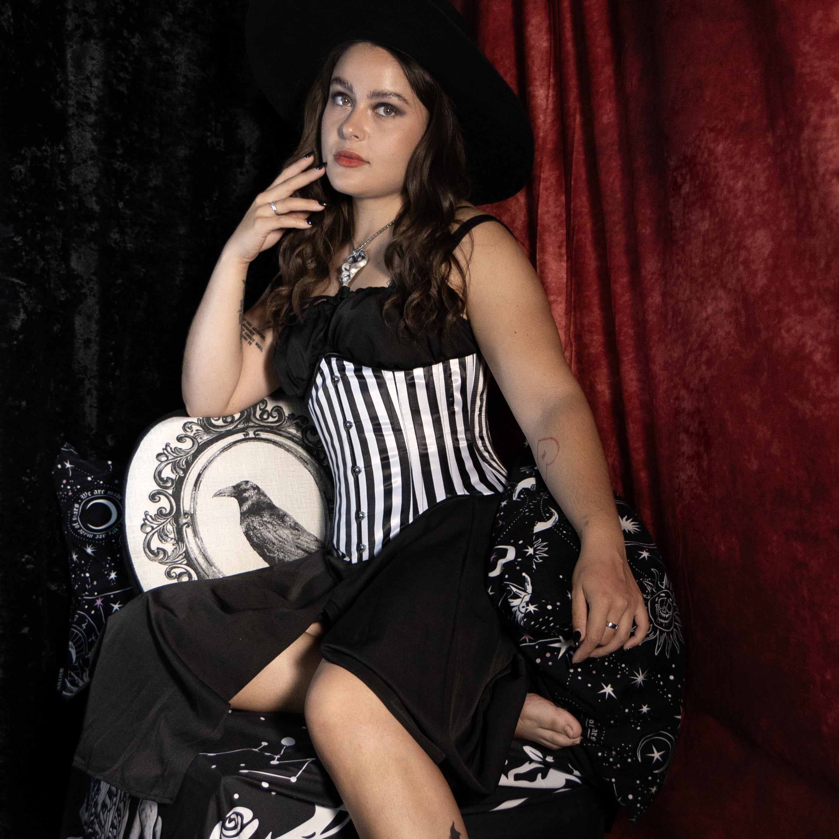 mina black and white striped satin corset portrait raven gothic decor corsets island