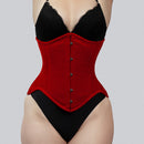 mina red velvet underbust corset front view hook and eye closure corsets island