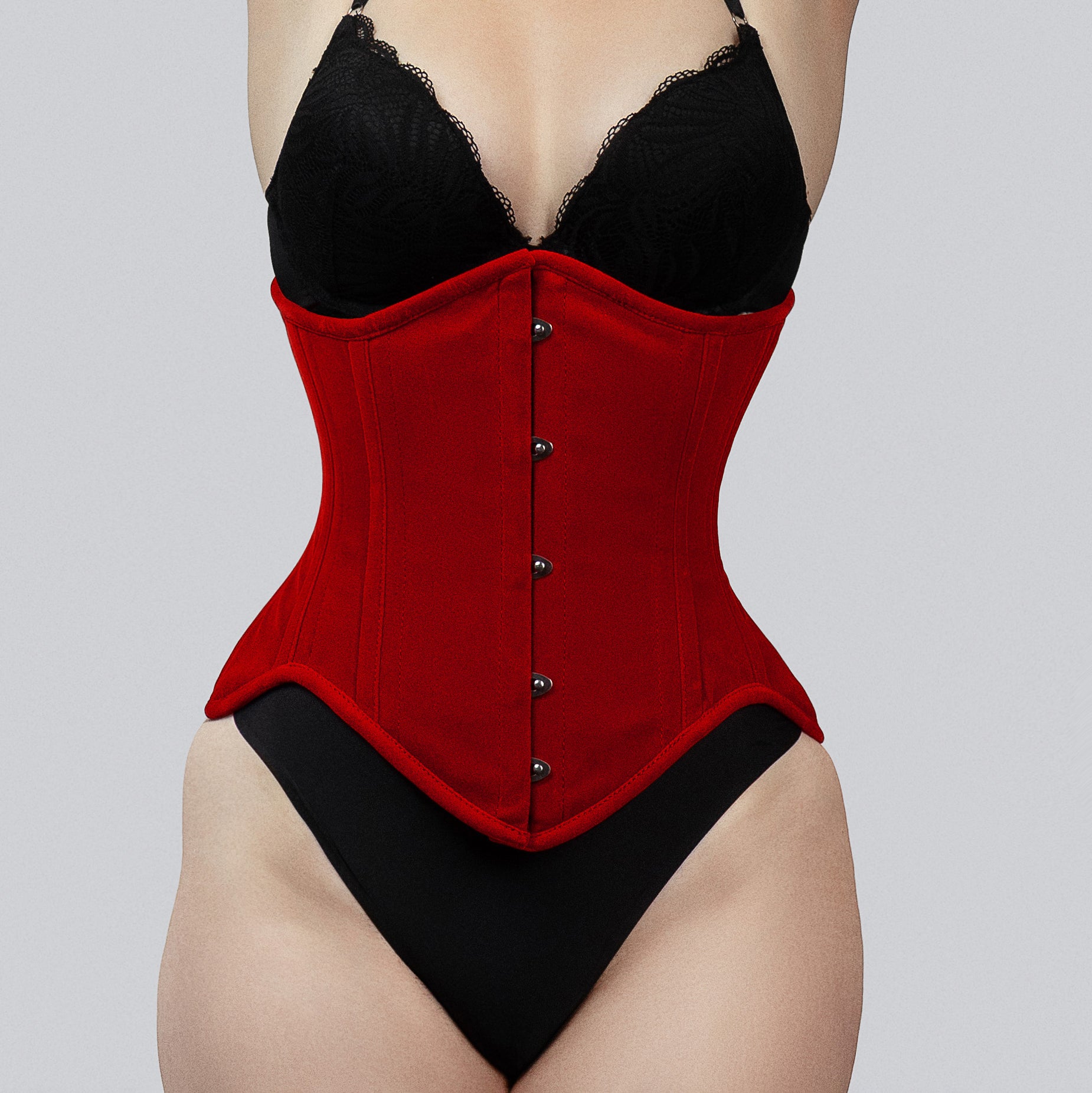 mina red velvet underbust corset front view hook and eye closure corsets island