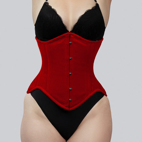 mina red velvet underbust corset front view hook and eye closure corsets island