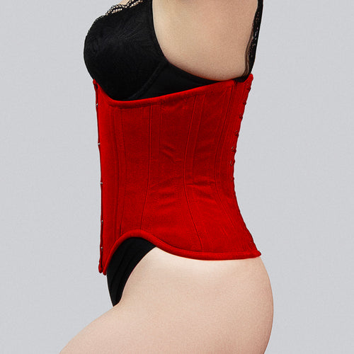 mina red velvet underbust corset side view bone channels waist curve corsets island