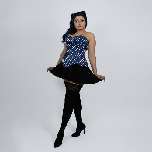 Jessica - Double Steel Boned Navy White Polka Dot Pin Up Corset