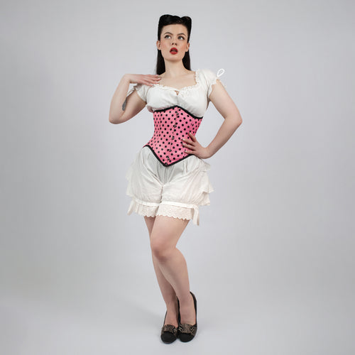Mina - Double Steel Boned Pink Black Polka Dot Pin Up Corset