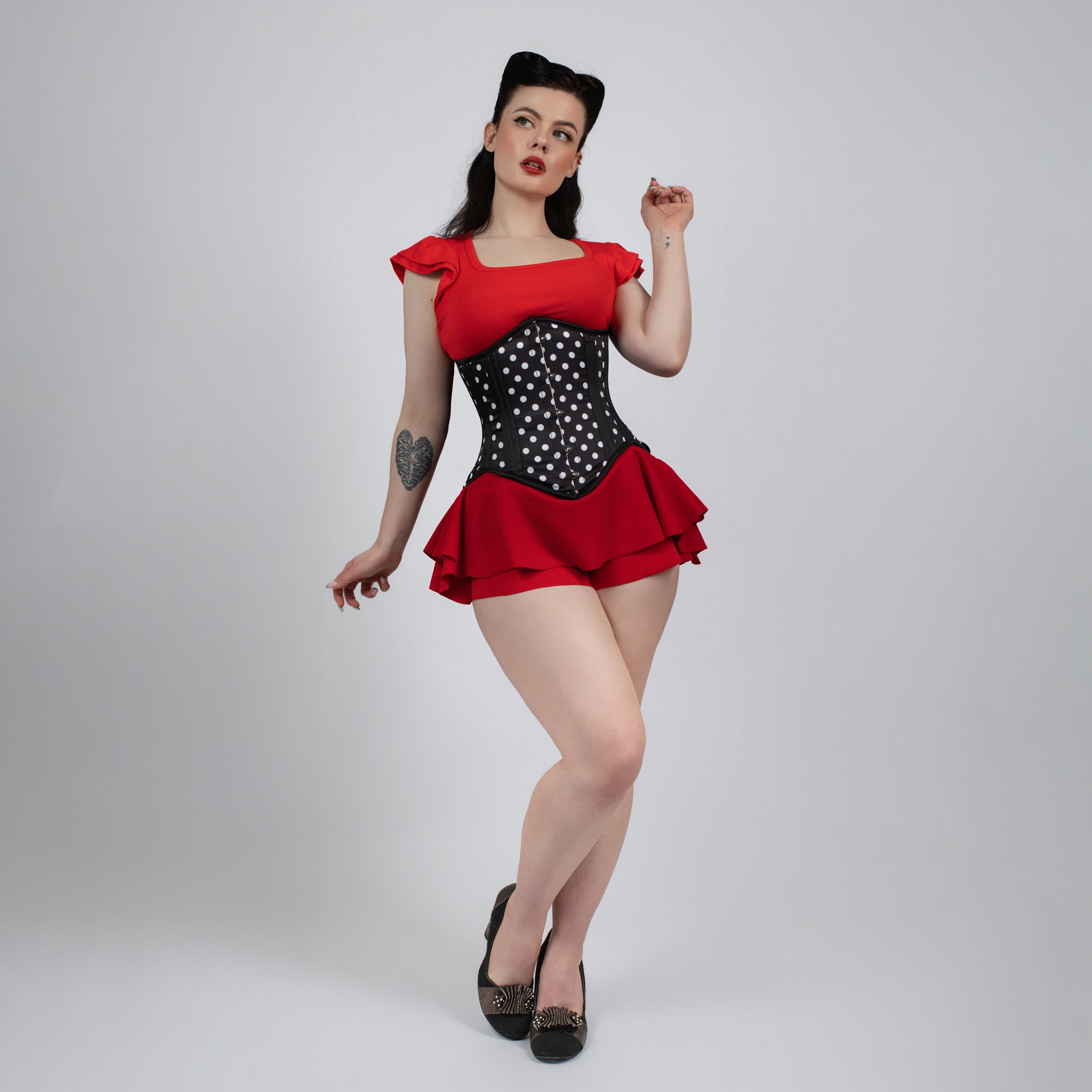 Mina - Black White Polka Dot Pin Up Underbust Waist Training Corset
