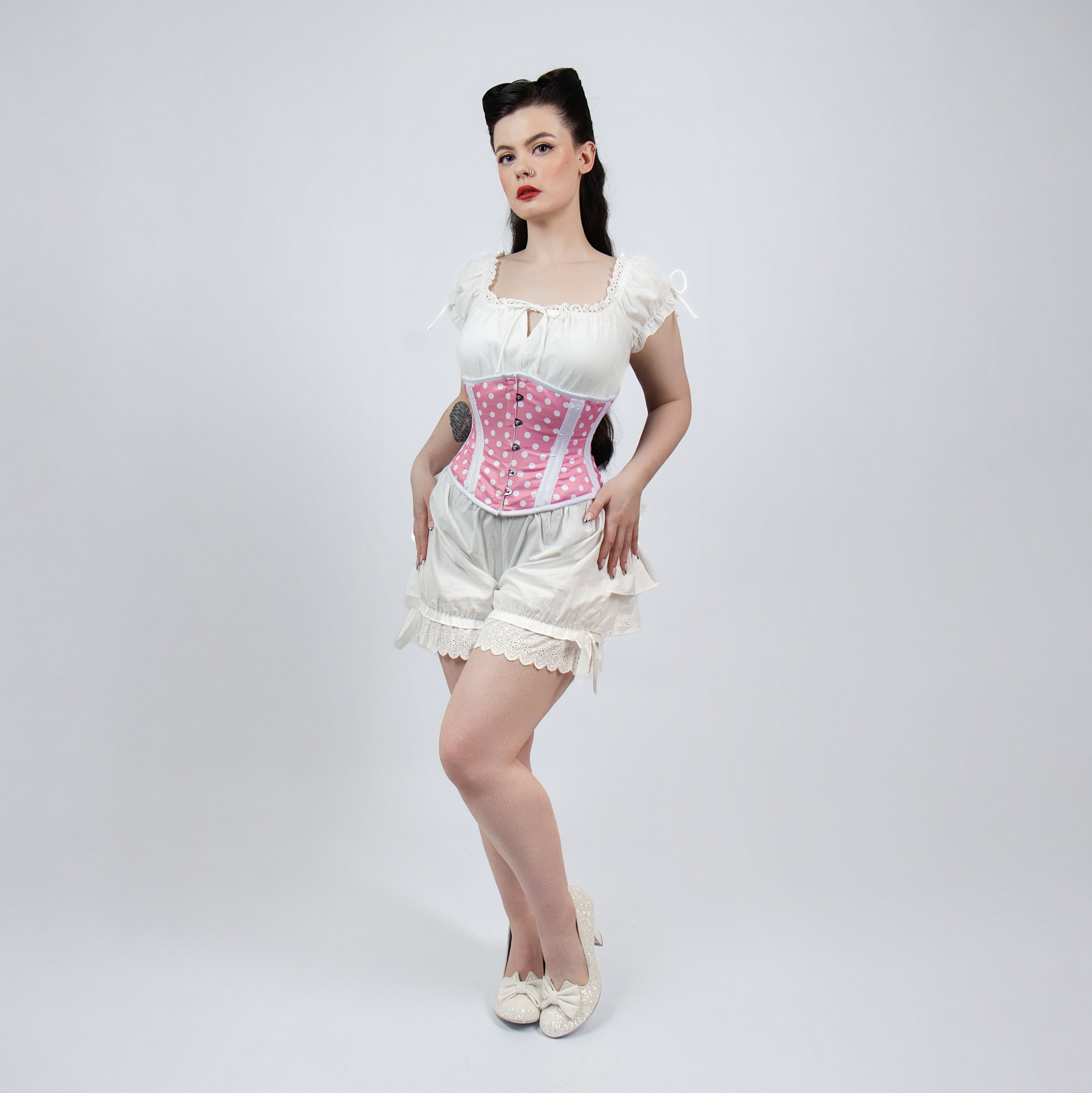 Bonnie - Pink White Polka Dot Pin Up Waist Training Steel Boned Corset
