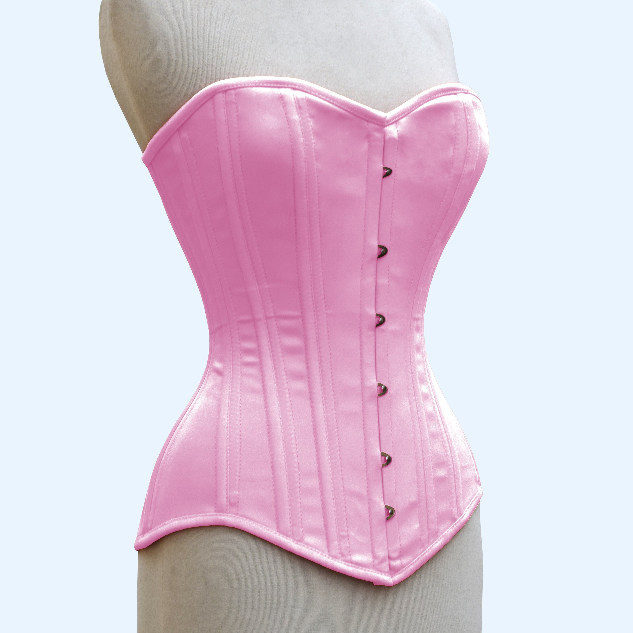pink cotton steel boned overbust corset front view - corsets island