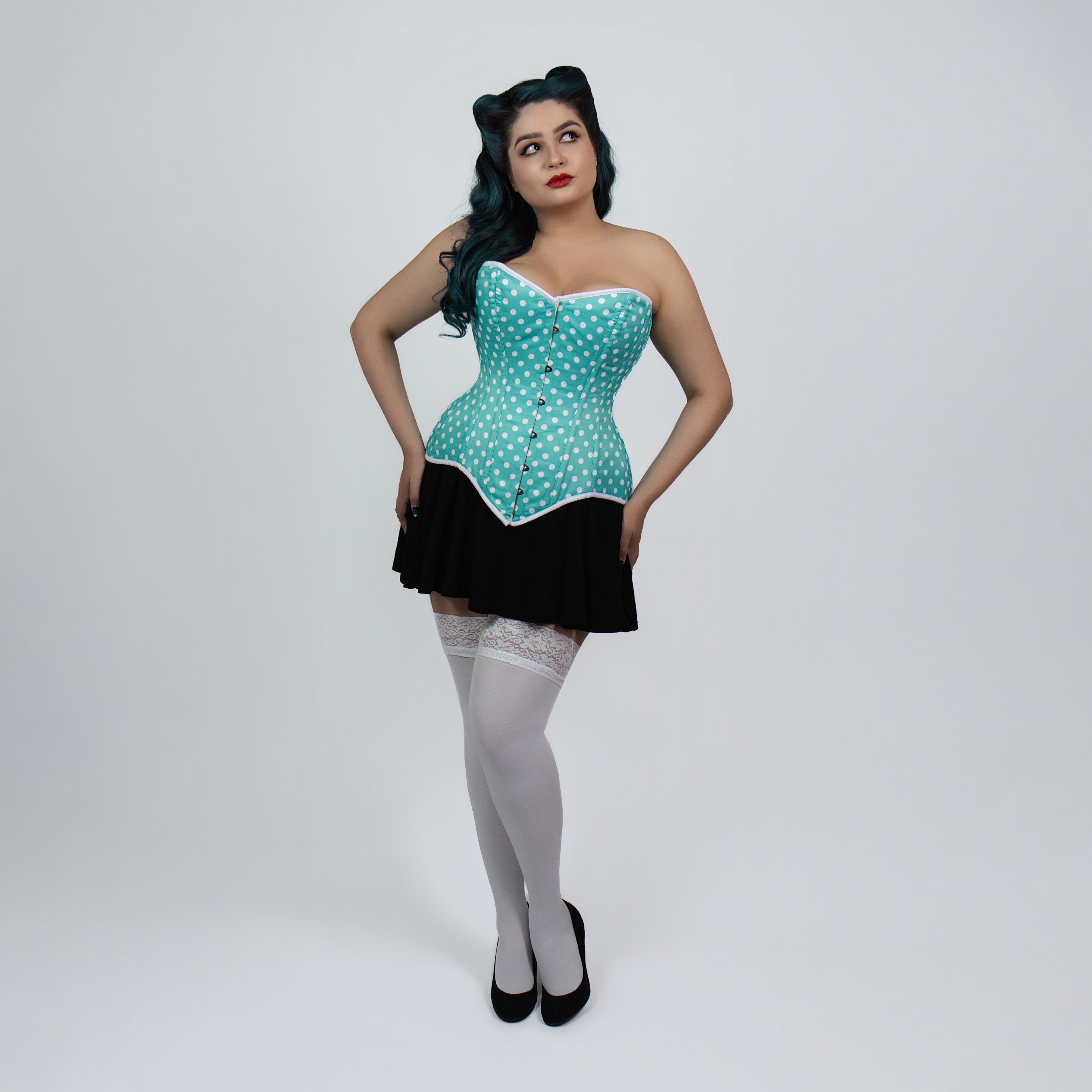 Jessica - Mint Green Polka Dot Pin Up Overbust Corset