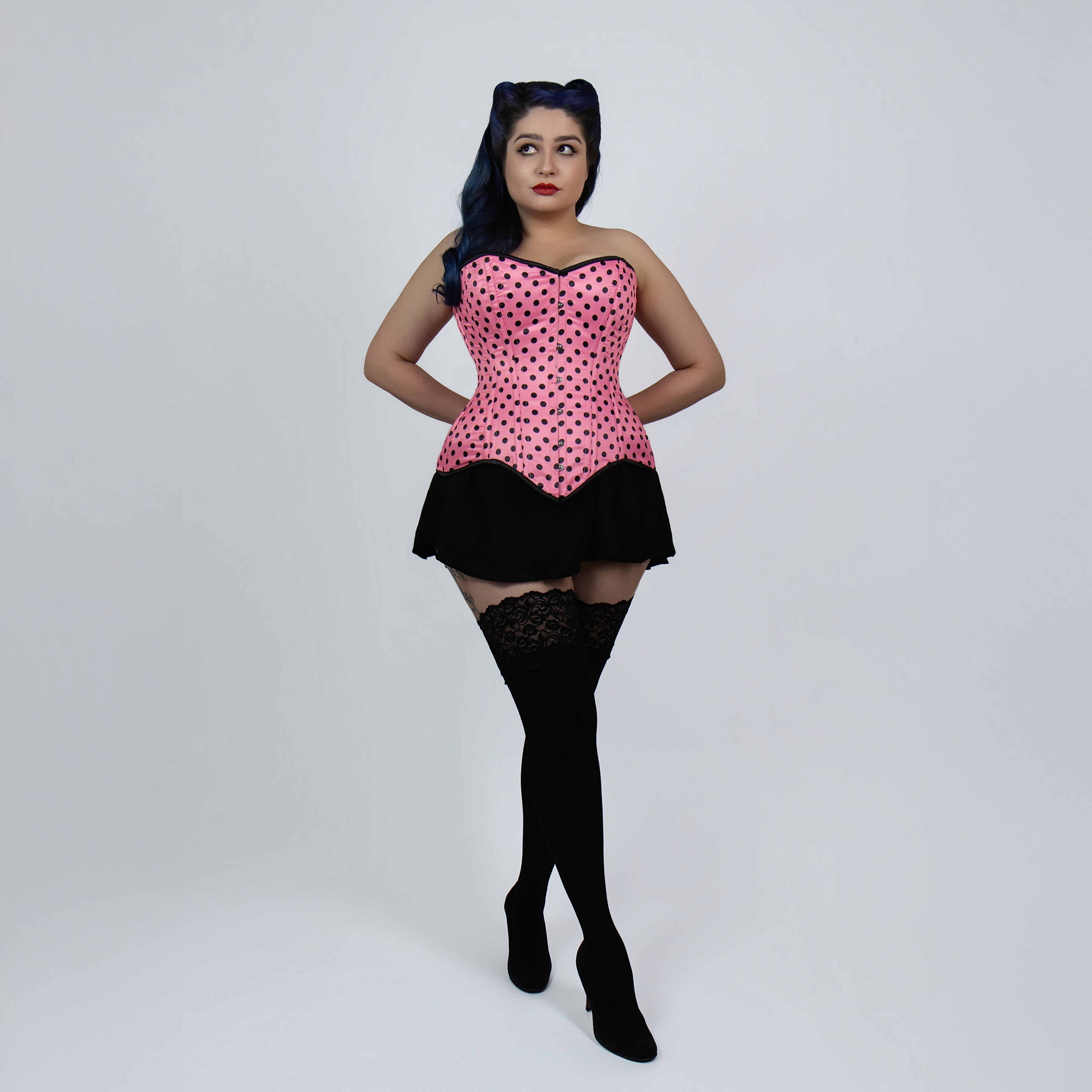 Jessica - Rockabilly Pink Black Polka Dot Pin Up Corset