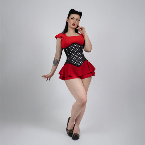 Mina - Black White Polka Dot Pin Up Underbust Waist Training Corset