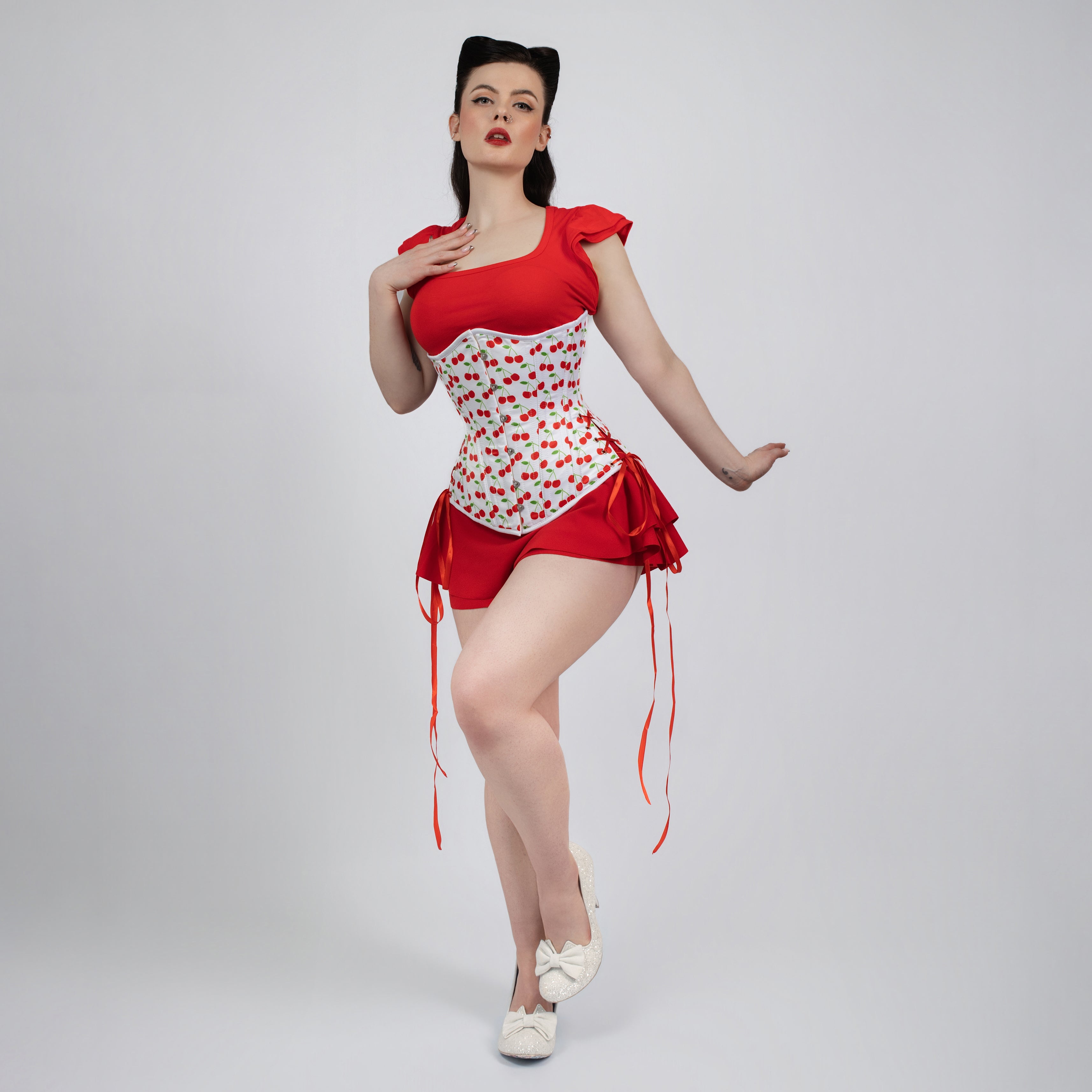 Susan - White Red Cherry Print Pin Up Corset with Adjustable Side Lacing