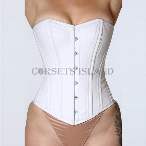 regina white cotton overbust bridal corset front view hook and eye closure corsets island