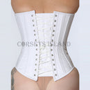 regina white steel boned overbust corset back view lace-up eyelets modesty panel corsets island