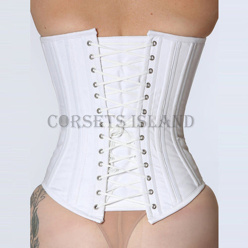 regina white steel boned overbust corset back view lace-up eyelets modesty panel corsets island