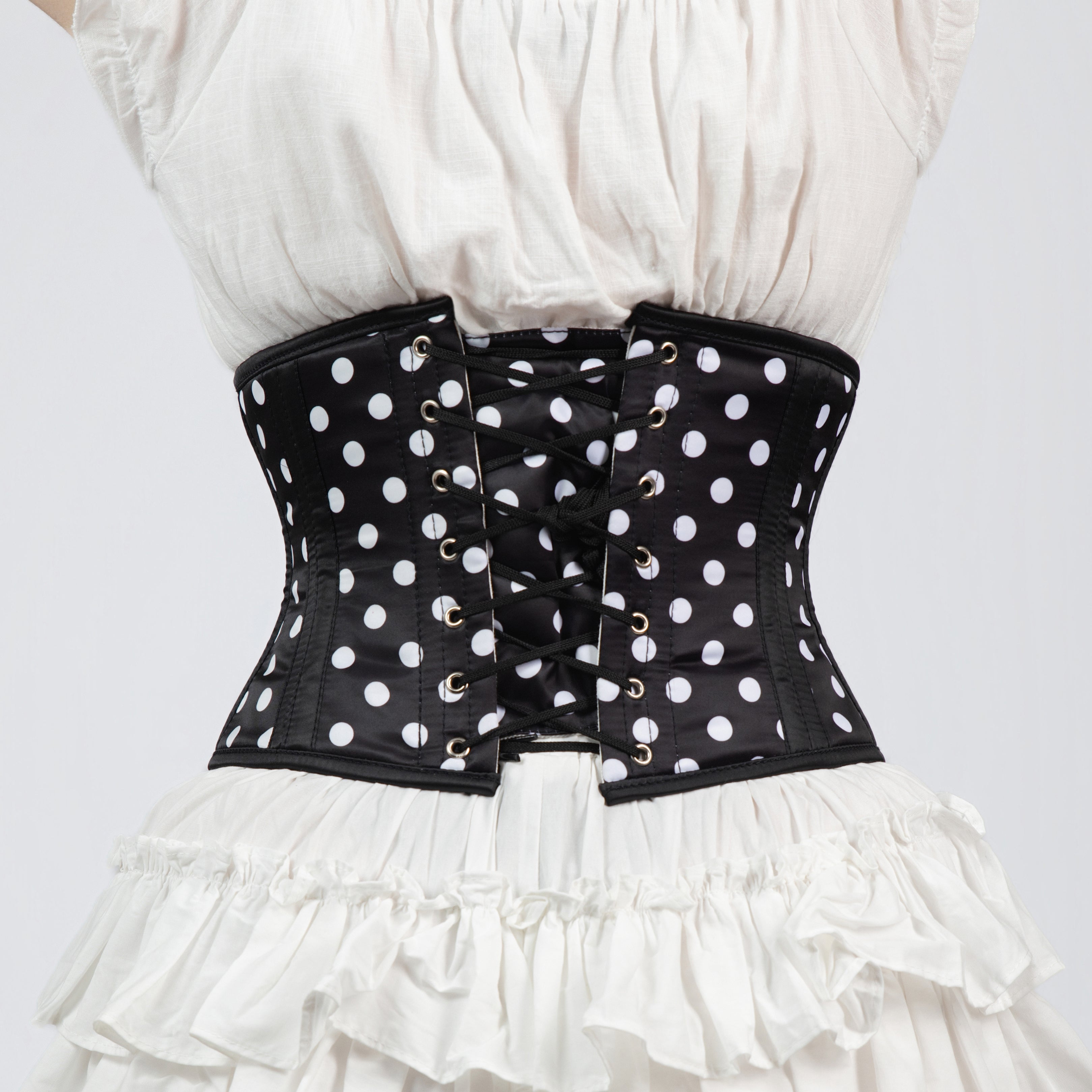 Lily - Black White Polka Dot Pin Up Steel Boned Waspie Corset