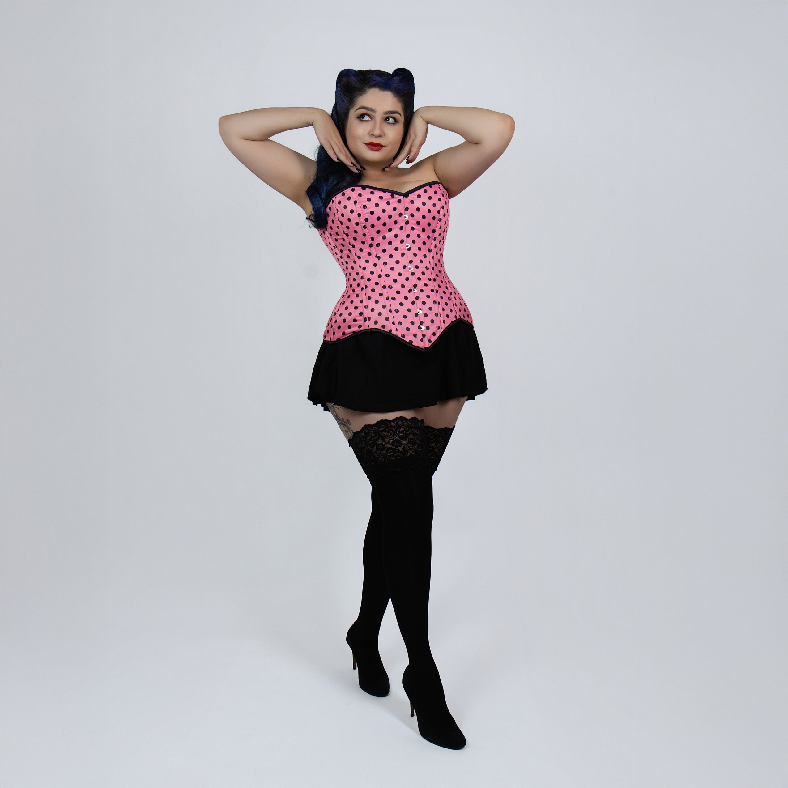 Jessica - Rockabilly Pink Black Polka Dot Pin Up Corset