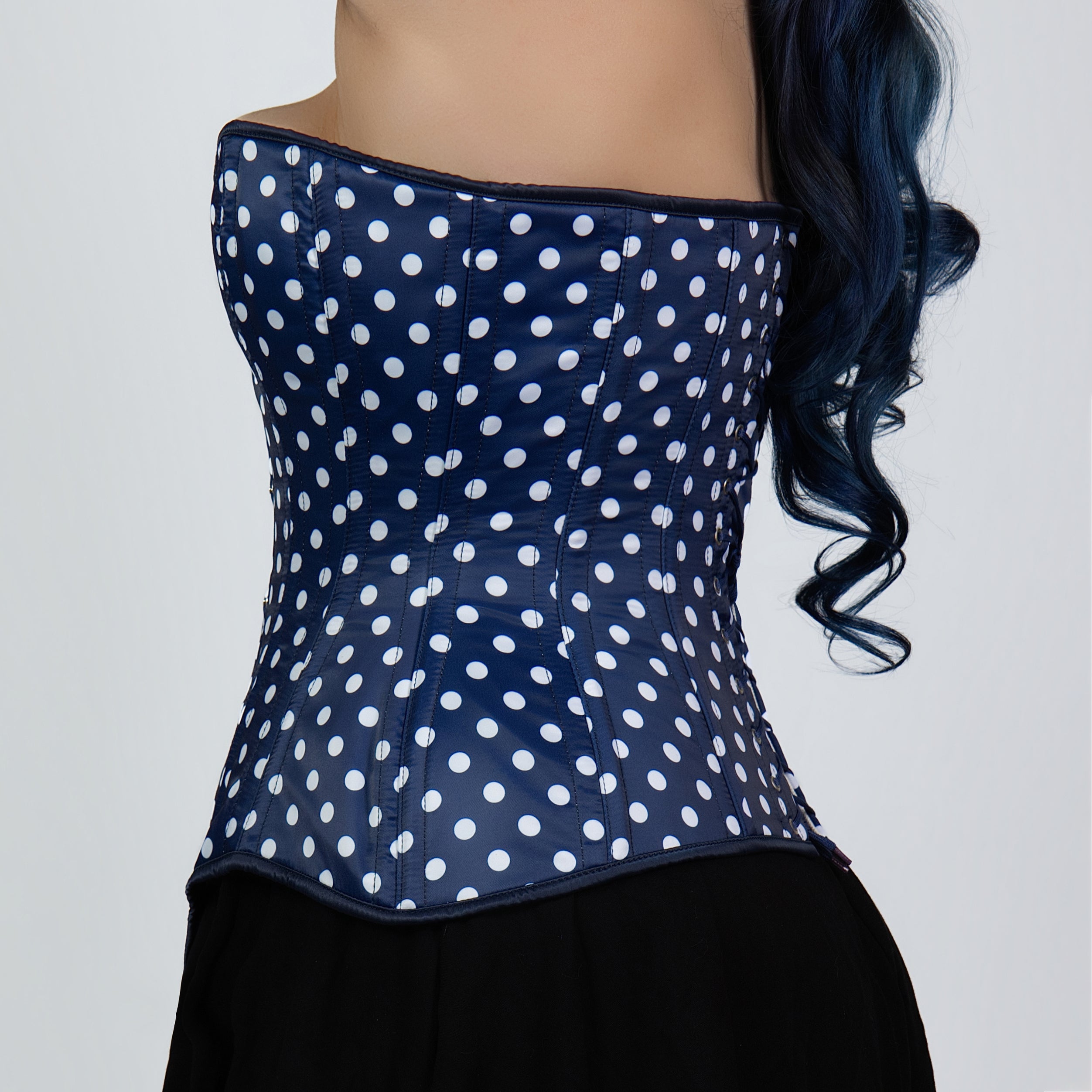 Jessica - Double Steel Boned Navy White Polka Dot Pin Up Corset